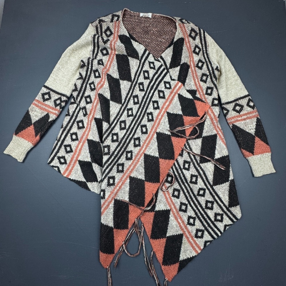 Sun & Shadow Women's M Brown Aztec Open Front Cardigan Fringe Boho Knit Sweater